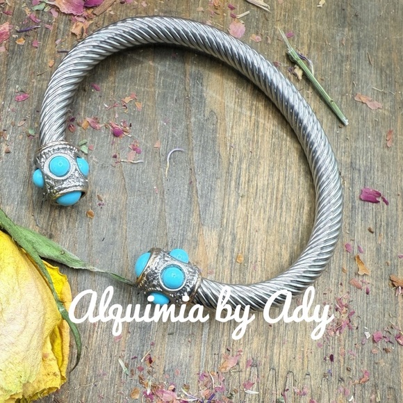 Turquoise twisted cable cuff bracelet/coloful/silver statement - Picture 6 of 6